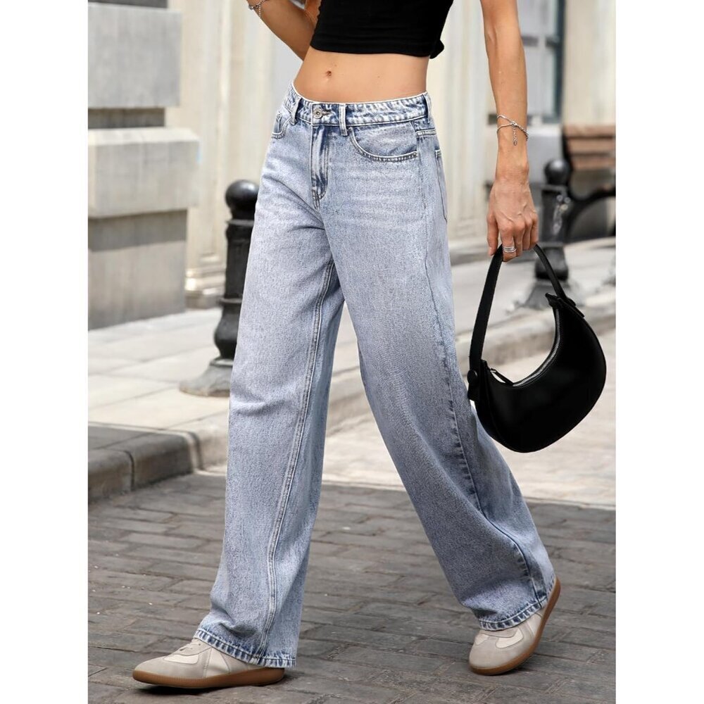 Women's Low-Rise Baggy Jeans Cotton Blend High Stretch Wide Leg Style - Picture 4 of 6